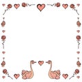 Romantic square frame for Valentine`s Day and wedding of hand-drawn swans, roses, hearts and cakes on a white background. For text Royalty Free Stock Photo