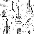 Music Doodle Vector pattern. Hand drawn sketch of guitar and microphone isolated Royalty Free Stock Photo