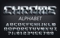 3D Chrome alphabet font. Futuristic metallic letters, numbers and symbols with shadow.