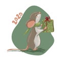 Vector illustration of cute hand drawn mouse with wrapped present. Royalty Free Stock Photo