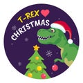 Tyrannosaurus Rex celebrates Christmas. Festive funny New Year greeting card. Cute smiling dinosaur in hat of Santa Claus Royalty Free Stock Photo