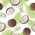 Seamless pattern with coconut and palm leaves isolated on white background. Whole coconut and piece. Vector illustration