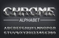 Chrome alphabet font. 3D effect oblique metallic letters, numbers and symbols with shadow. Royalty Free Stock Photo