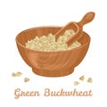 Wooden bowl with green buckwheat and spoon isolated on a white background. Vector illustration with gluten free grains