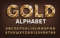 Gold alphabet font. Golden beveled letters and numbers with shadow.