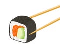 Sushi roll with avocado and salmon Isolated on white background. Wooden chopsticks hold sushi. Royalty Free Stock Photo