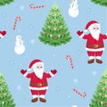 Christmas or New Year seamless pattern. Cute Santa Claus, Christmas tree, candy cane, snowflake and funny snowman on blue Royalty Free Stock Photo