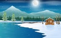 Winter landscape with a wooden small house by the lake Royalty Free Stock Photo