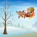 Santa Claus and elf riding deer sleigh flying over snowy forest Royalty Free Stock Photo