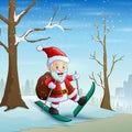 Santa claus skiing on the snow with bag of gifts Royalty Free Stock Photo