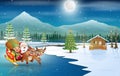 Cartoon Santa Claus riding his sleigh at the Christmas night Royalty Free Stock Photo