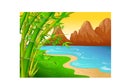 Beautiful Landscape View With Beach, Mountain, And Trees Cartoon Royalty Free Stock Photo