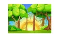 Beautiful Landscape View With Tress And Sunset Cartoon