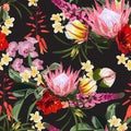 Many kinds of exotic tropical flowers. Bright seamless pattern.