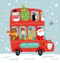 Festive Christmas bus with Santa and cute animals.