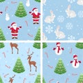 Set of New Year patterns. Christmas tree, Santa Claus, reindeer, snowman, bunny, candy cane and snowflakes on  blue background. Royalty Free Stock Photo