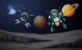 Space robots explore on planet illustration