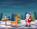 Cartoon santa claus and deer in north pole Royalty Free Stock Photo