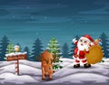 Cartoon santa claus and deer in north pole Royalty Free Stock Photo