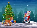 Cartoon santa claus and deer in north pole Royalty Free Stock Photo