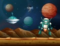 Space robots and ufo explore on planet illustration Royalty Free Stock Photo