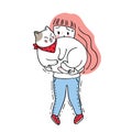 Cartoon cute woman carry cat. Feeting heavy .