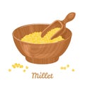 Millet groats in wooden bowl and with spoon isolated on white background. Vector illustration of raw gluten free grain