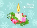 Christmas greeting card with burning candle, green fir, red holly berries, mistletoe and Christmas balls on blue background with s Royalty Free Stock Photo