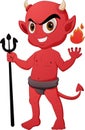 Demon cartoon characters standing with pitchforks and fireballs