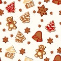 Christmas gingerbread seamless pattern. Ginger cookies on light background. Royalty Free Stock Photo
