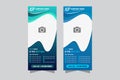 Dental care, dentist and tooth vertical banner with medical instruments and tooth for photo in blue and green color background.