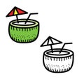 Hand drawn coconut water vector illustration with two version; black and colored