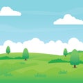 Nature landscape vector with green field, grass, trees, blue sky and clouds Royalty Free Stock Photo