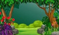 Beautiful Landscape View Forest With Trees, Grass, Rocks, And Flowers Cartoon