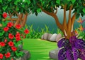 Cool Landscape Forest View With Trees, Rocks, And Tropical Plants Cartoon