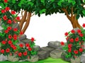 Beautiful Forest View With Rocks, Trees, And Flowers Cartoon Royalty Free Stock Photo