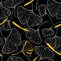 Vector seamless pattern with outline Gingko or Ginkgo biloba leaves in gold and white on the black background. Floral pattern. Royalty Free Stock Photo