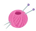 Pink yarn ball and knitting needles isolated on white background. Vector illustration of skein of thread