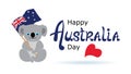 Happy Australia day lettering. Greeting card with cute Koala bear holding Australian flag.