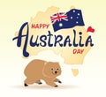 Happy Australia Day lettering. Greeting card with cartoon wombat. Flag of Australia.