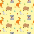 Seamless pattern with cute cartoon australian animals. Kangaroo, koala bear, parrot cockatoo, wombat. Vector cartoon flat illustra