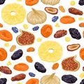 Dried fruits seamless pattern. Dried figs, apricots, pineapples, raisins, dates and prunes isolated on white background. Vector il Royalty Free Stock Photo