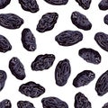 Prunes seamless pattern. Vector dried plums isolated on white background. Illustration of dried fruits Royalty Free Stock Photo