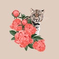 Graceful leopard and coral peony flowers. Savana cat. Elegant poster, t-shirt composition, hand drawn style print.