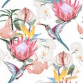 Many kinds of pink exotic tropical flowers. Bright seamless pattern. White background.