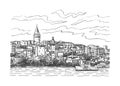 Galata Tower from the Bosphorus, Istanbul, Turkey. Graphic illustration