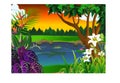 Cool Landscape View With Forest, Lake, Trees, And Flower Cartoon