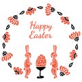 Round black and red banner from the inscription Happy Easter, abstract flowers, two rabbits turned to each other and an egg on a s