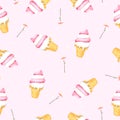 Ice cream seamless pattern in watercolour hand paint and pink background with strawberry ice cream