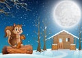 A squirrel cartoon enjoying snowfall in snowy village